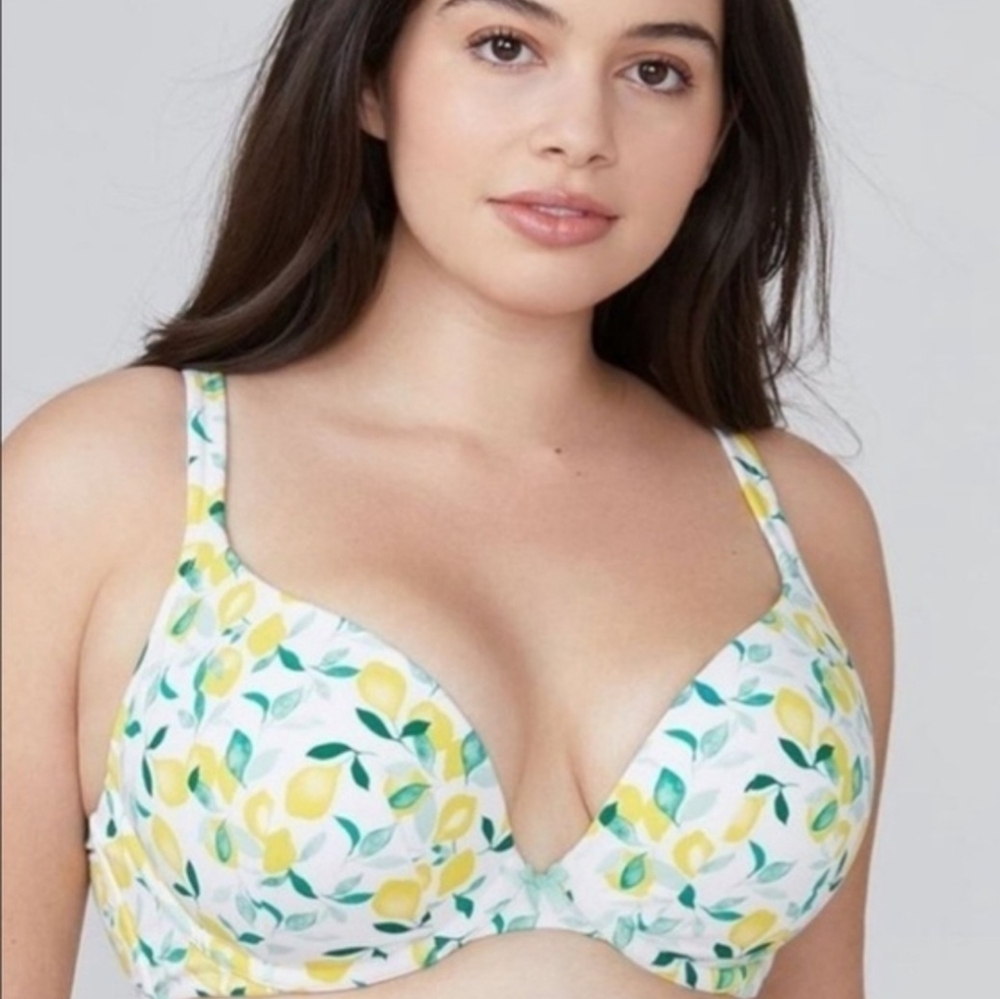 Lane Bryant Cacique 44DDD Yellow Lemon Print Booster Plunge Bra Spring Summer